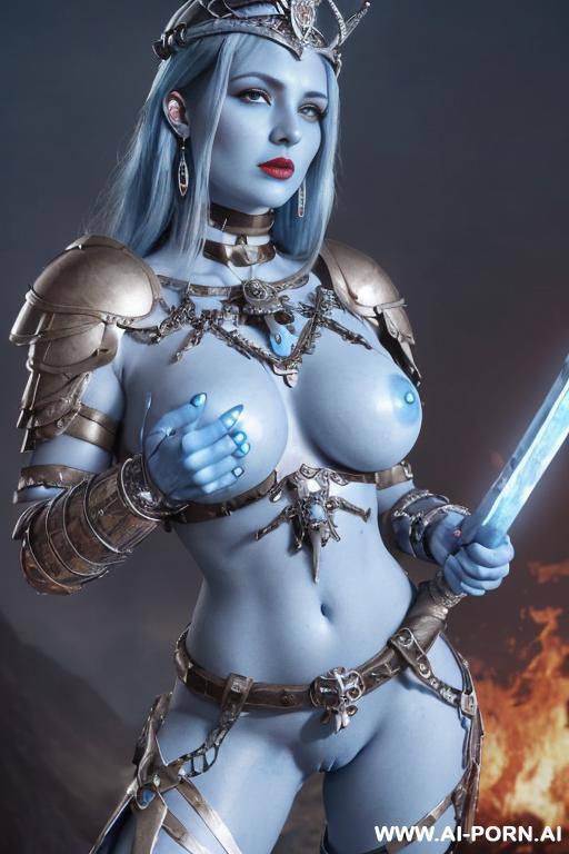 (((fantasy, monster, goddess of fantasy creatures, surrounded by monsters))), ultra realistic hot busty woman brunette ((holding sword)), ((magificent boobs, oversized breasts, hourglass figure)), (strong - #main