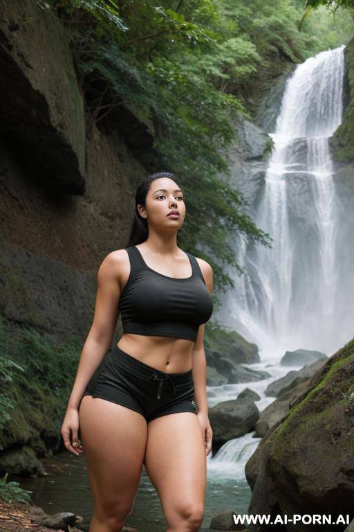 1woman, tight shorts, thick thighs, hiking at the waterfall - #main