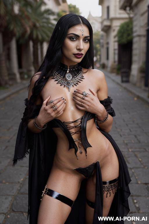 a medium shot of a native egyptian woman, ((gothic)), beautiful mexican woman, (topless), ((shaved pussy)), ((exhibitionist, open clothes, flash pussy, visible pussy)), laughing, wearing an ornate - #main