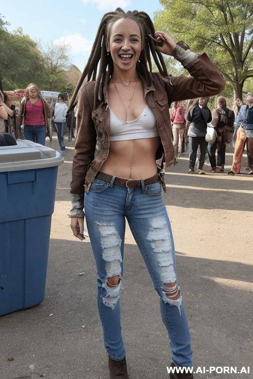 a woman with dreadlocks is wearing worn and bleached out, ripped and light blue pants and an old jeans jacket. she has long, messy brown hair. there ist lot of trash around. - #main