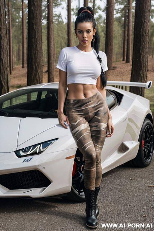 woman with a black ponytail in a white t-shirt, a man rammed his big cock in her cunt, missionary, brown eyes, caucasian, camo leggings, black military boots, white lamborghini huracan in the background, forest - #main