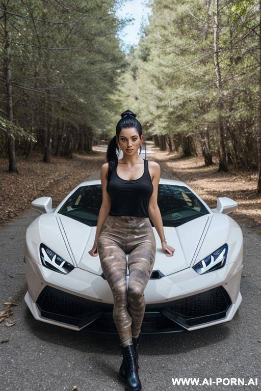 girl with a black ponytail in a white t-shirt, a man rammed his big cock in her cunt, missionary, brown eyes, caucasian, camo leggings, black military boots, white lamborghini huracan in the background, forest - #main