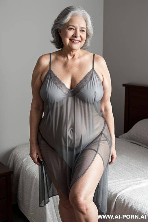 0 year old grandma, full body, standing, signs of age clearly visible, gray hair, smiling, triangular hips, thick thighs, wearing gray sheer nightgown, womanage bedroom at night, low lighting - #main