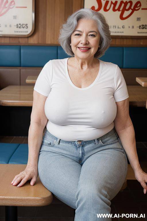0-year-old grandmother, voluptuous body, sitting, very visible signs of aging, gray hair, lady, smiling, triangular hips, thick thighs, wearing a white short sleeves shirt, blue jeans, burger joint - #main