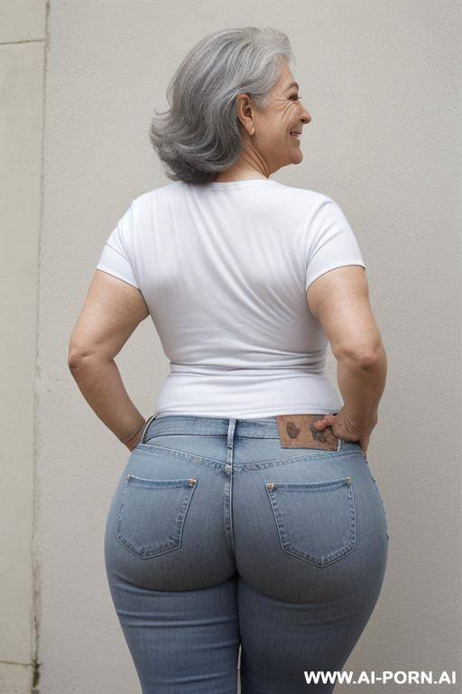 back view, 0-year-old grandmother, voluptuous body, standing, very visible signs of aging, gray hair, lady, smiling, triangular hips, thick thighs, wearing a white short sleeves shirt, blue jeans, outside - #main