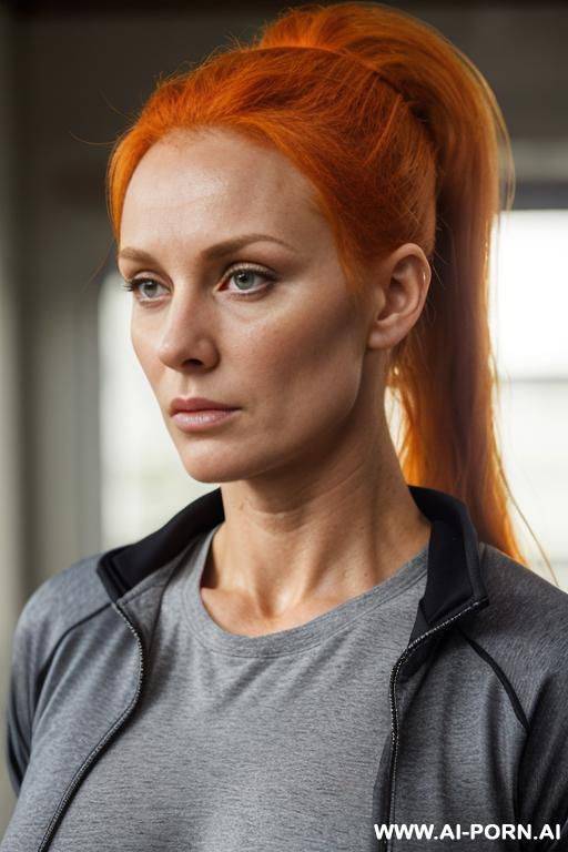 irish, bight orange hair, ponytail, dri fit jacket, huge oval tits, perfect tits, no makeup, chizzled jaw line, skin, serious face, looking at viewer - #main