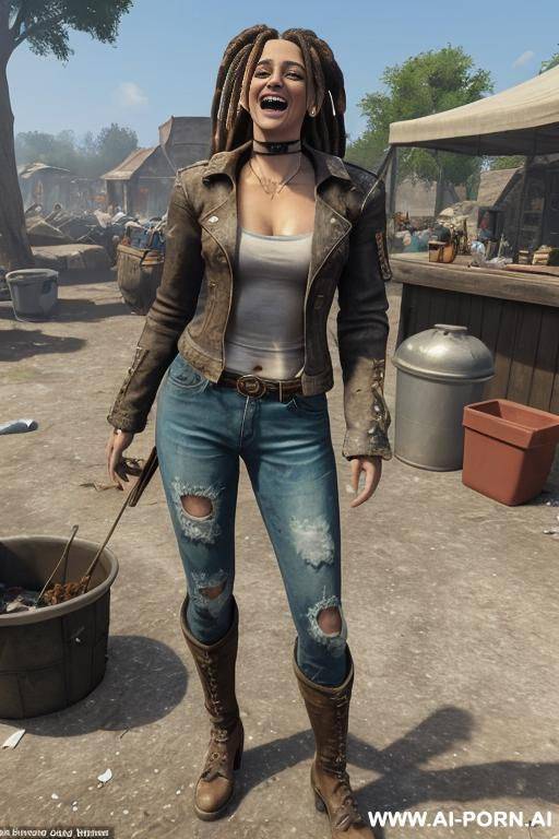 a woman with dreadlocks is wearing worn and bleached out, ripped and light blue pants and an old jeans jacket. she has long, messy brown hair. there ist lot of trash around. - #main