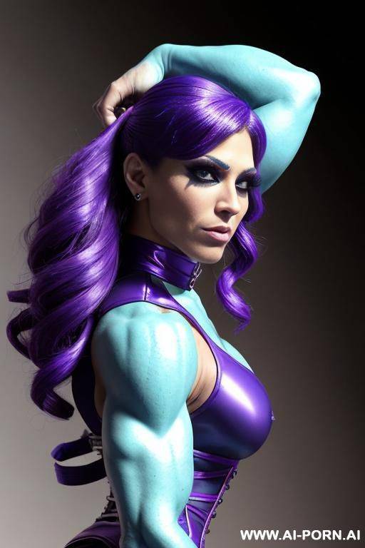 thick ass, muscular, tall female bodybuilder, blue corset, black leather boots, bow tie, blue skin, blue face - #main