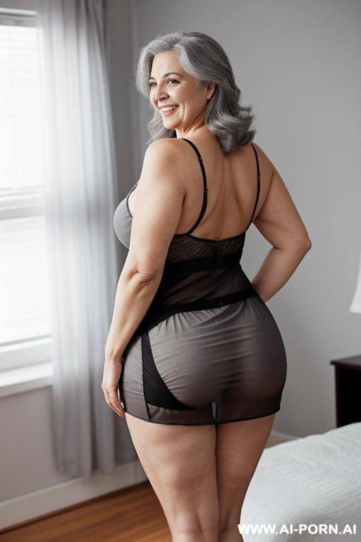 back view, big ass, 0 year old grandma, full body, standing, signs of age clearly visible, gray hair, smiling, triangular hips, thick thighs, wearing gray sheer nightgown, womanage bedroom at night, low lighting - #main