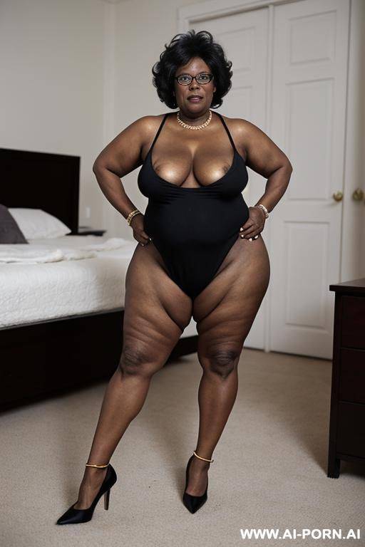 front view, black grandmother, 0 years old, with glasses, bedroom, very visible signs of age, full body, standing, overw, medium hair, natural breasts, gray hair, wearing black low-cut pumps, high heels, hairy pussy - #main