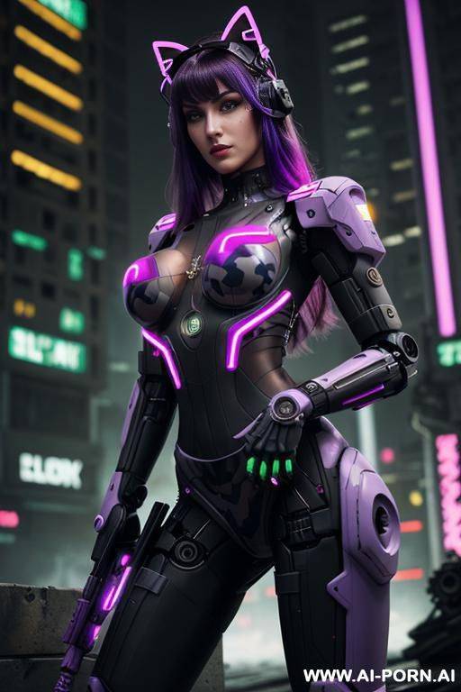 beautiful realistic woman ((woman fully robotic mechanic body)), (((holding electric and luminous neon violet assault rifle))), ultra detailed, finely detail, highly detailed face, highly detailed eyes, - #main