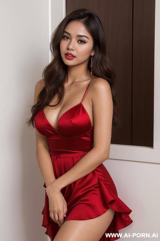 beautiful spanish-filipina woman, early 20s, hourglass figure with full natural breasts and wide soft hips, m skin, long wavy rich brown hair, soft round facial features, plush lips with a - #main