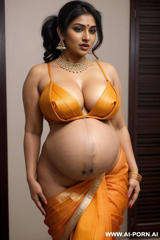 sexy, seductive, indian milf mom, pregnant, wearing sexy sari, visible cleavage, fluffy tits, saggy and rounded boobs, beautiful sexy body, plump and thick body, beautiful face, full lips, busty - #main