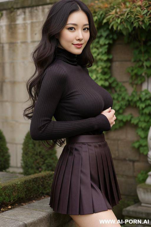 pretty, japanese, 30, flowing wavy hair, dark brown hair, perfect natural boobs, slight smile, makeup, eye shw, standing, spreading legs, pleated silk skirt, turtleneck, walled garden background. - #main