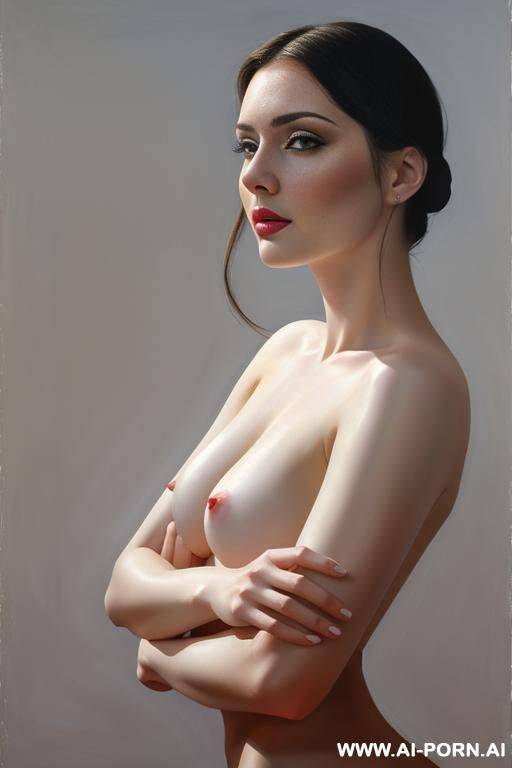 hyperrealistic painting: pretty, ukrainian, white skin, slight smile, makeup, standing, spreading legs, naked, - #main