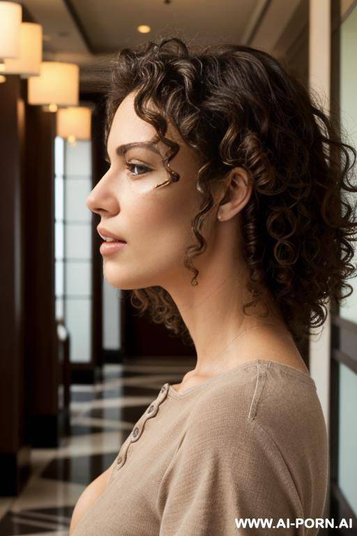 upper body shot of a stunningly beautiful french woman, standing, eye contact, half profile view, henley shirt, jeans shorts, full lips, curly hair, hotel lobby - #main