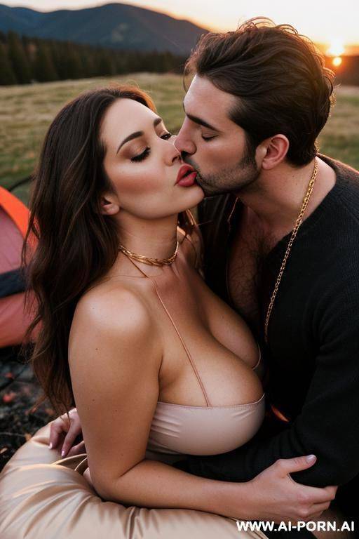 a man is kissing her. she is shocked . campfire. tight pink dress. hairy pussy. large teardrop saggy breasts. make up. getting into sleeping bag. a man is kissing her - #main