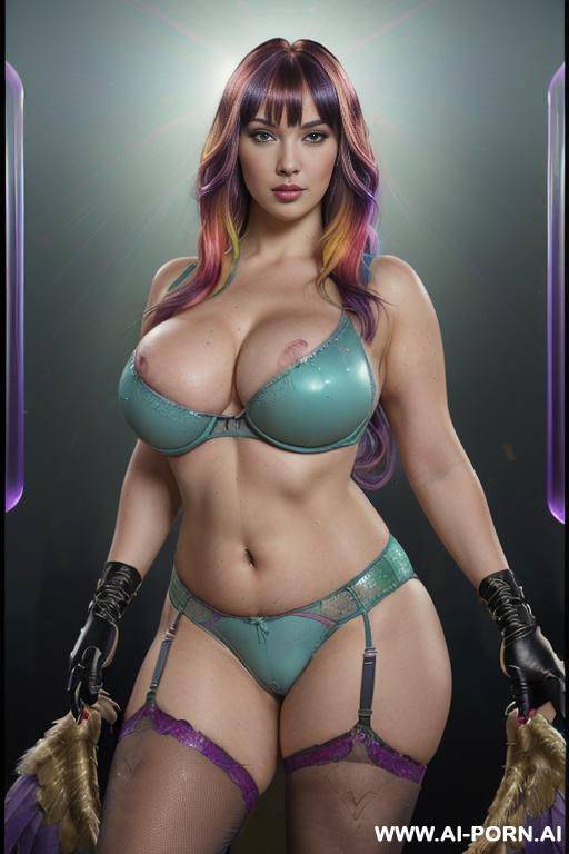 giant woman, ((eaglewoman with multi-colored long wings, woman with unrealistic enhanced augmented beautify boosted inflated traits, (sexy swedish british german american irish french facial trait),, - #main