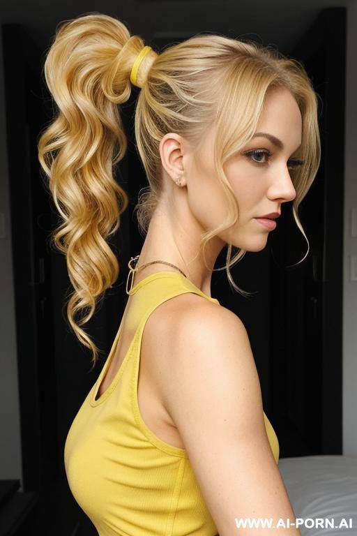 blonde, curly hair, ponytail, yellow formal shirt black tank top inside - #main