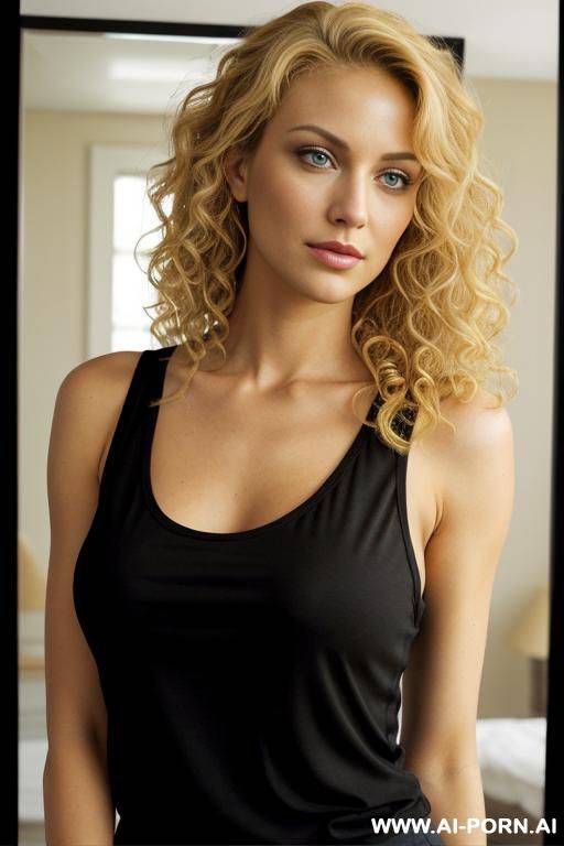 front view, blonde, curly hair, formal yellow shirt, black tank top worn inside, eye contact, in front of mirror back visible - #main