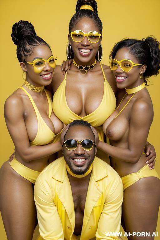 ((three beautiful black women smiling and having a foursome with a guy)), ((the woman in the center is riding the guy)), (((completely naked))), riding cock, pov view - #main