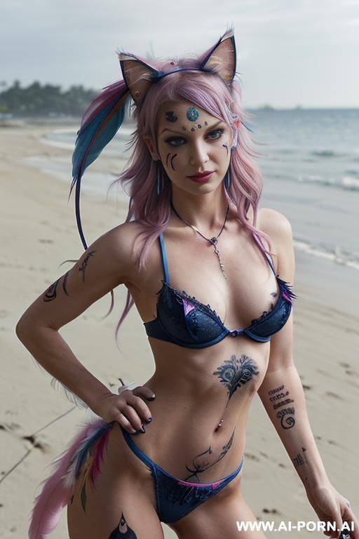 face, ((sexy)), beautiful, ((face painting)), ((bikini as seashell)), ((tattoo roses)), ((eyes shw)), ((angel wings)), ((rainbow hair)), ((one rose in hair) ((long bu hair)), ((wind)), (( cat face)), - #main