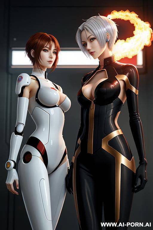 an anime-style drawing of a futuristic female ai with short white hair and a woman with long reddish-brown hair, both imd on spits lengthwise through their bodies and being roasted. - #main