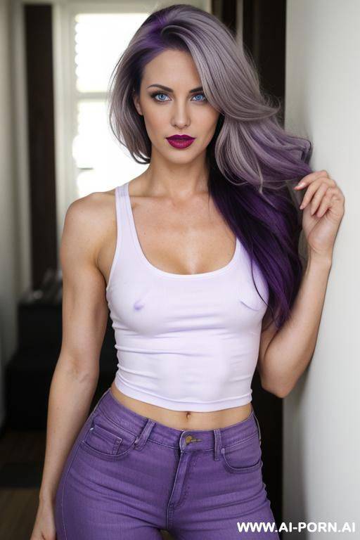 light purple long messy hair, abs, purple lip stick, white tank top, tight blue jeans, natural tits, silver eyes - #main