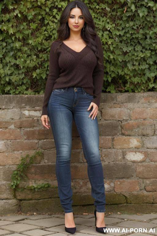 pretty, colombian, 30, flowing wavy hair, dark brown hair, natural boobs, slight smile, makeup, eye shw, standing, spreading legs, jeans, v-neck sweater, walled garden background. - #main