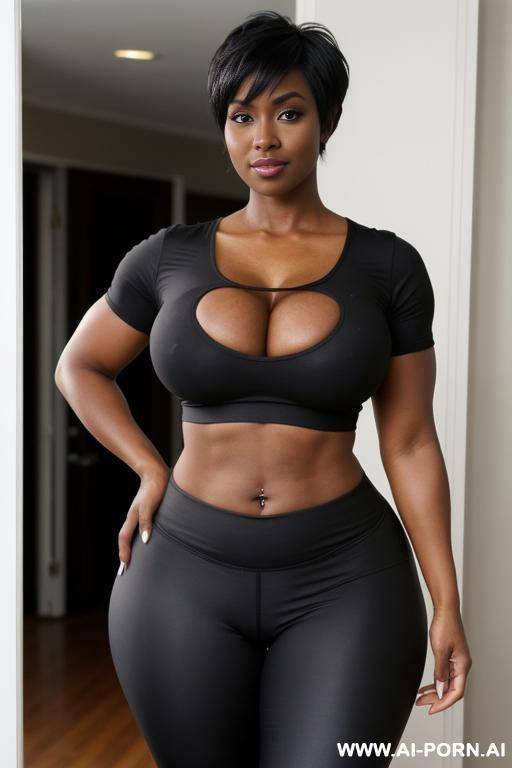 sexy bimbo milf, aged milf, matured milf, thot, really dark black skin, deep dark black skin color, ultra thicc, bulked up thighs, tight shirt, extremely gigantic boobs, perfect eyes - #main