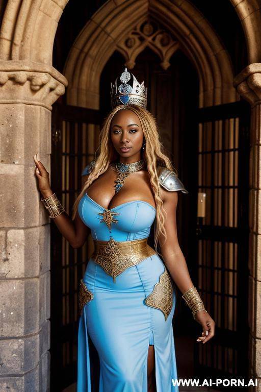 beautiful african goddess with a royal crown and a light blue dress, beautiful face; very dark skin - #main