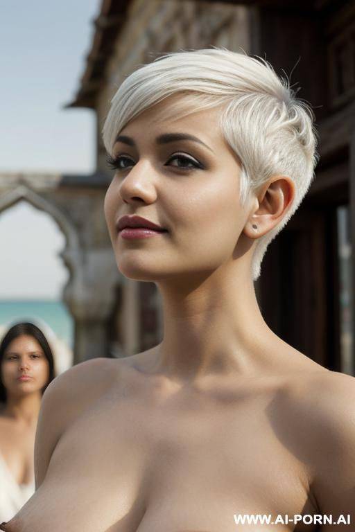 three beautiful indian women are smiling at the camera, ((perfect nipples)), ((perky tits)), - #main