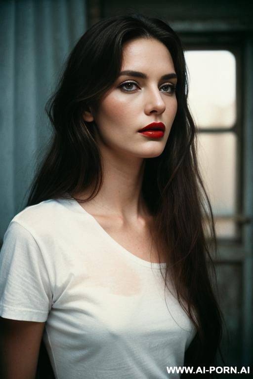 a beautiful european-looking woman. long brown hair, skin, face, red lips, white t-shirt, blue jeans. horror, analog film, realism, cinematic light, high quality, creepy photo - #main