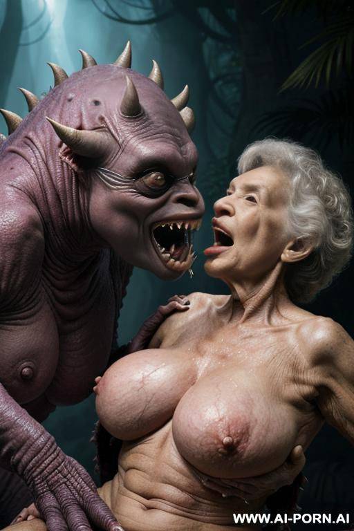 ((((two characters on the image: space-monster and human elderly woman!)))). nightfall. lush tropical rainforest. downpour. monster is big non-humanoid al_ien from deep space, monster is terrifying and - #main