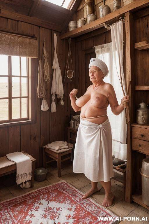 an elderly ukrainian farmwoman from a remote village in the ukraine is getting ready for bed in a modest rural home. nightfall, the soft glow from a single light source gently illuminates the - #main