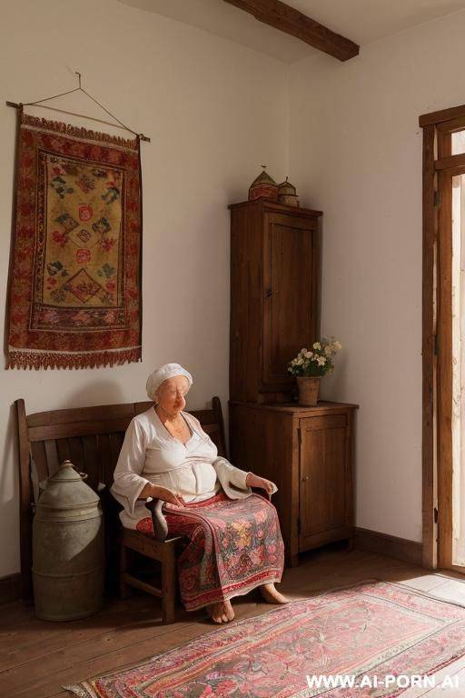 an elderly ukrainian woman from a remote village in the ukraine is getting ready for bed in a modest rural home. it is evening, the soft glow from a single light source gently illuminates - #main