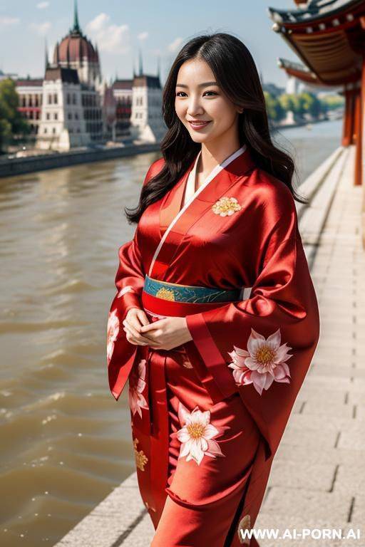 ultrarealistic, beautiful woman, korean, red silk kimono with chinese patterns, walking along the danube river at budapest, seductive smile, lotus flower in hair - #main