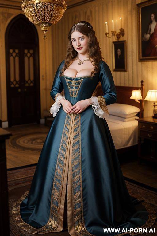 beautiful 22-year-old english noblewoman, 1720s attire, golden-brown wavy hair, deep blue eyes, fair skin with s, hourglass figure, full breasts, wide hips, delicate embroidered gown, m smile, standing in a harem room - #main