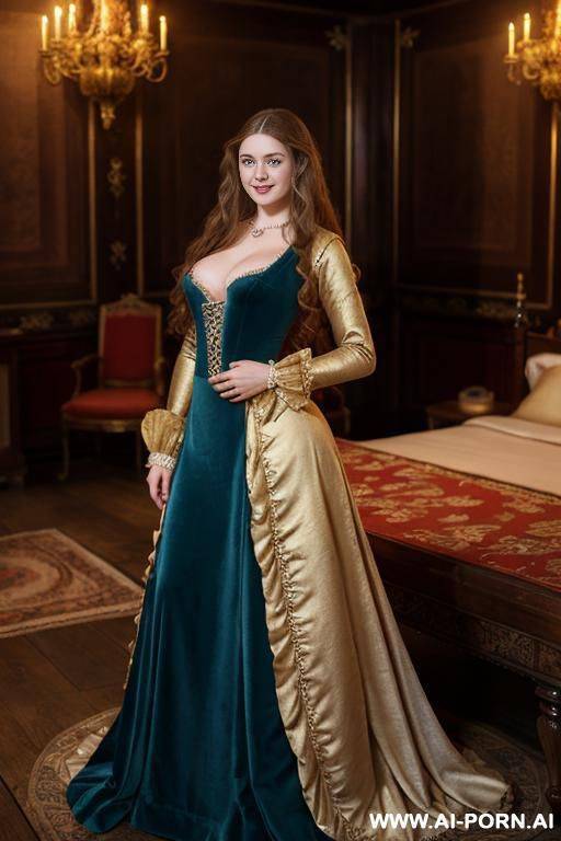 beautiful 22-year-old english noblewoman, 1720s gown, golden-brown wavy hair, deep blue eyes, fair skin with s, hourglass figure, full breasts, wide hips, m smile standing in a harem room - #main
