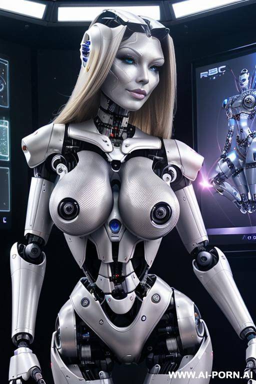 sexbot, front view, full body view, standing upright, hands on spaceship control desk, looking at viewer, beautiful seductive human face with tanned silicone skin, long straight blonde hair, big - #main