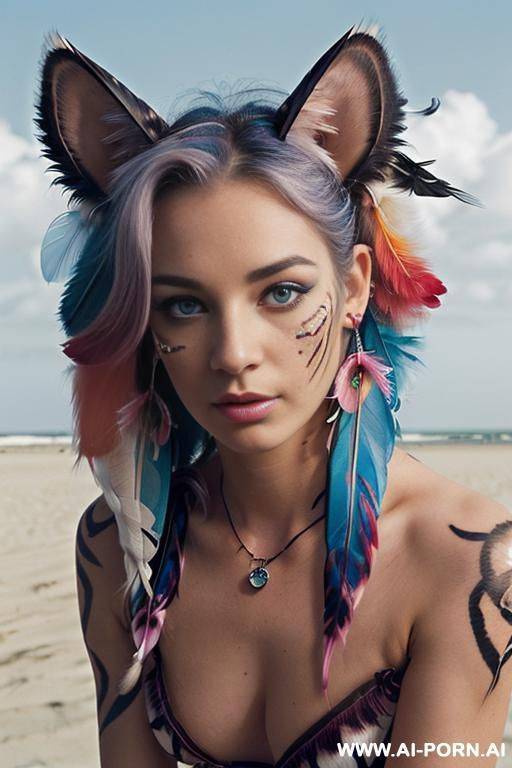 face, ((sexy)), beautiful, ((percing nose)), ((face tiger painting)), ((bikini as seashell)), ((tattoo roses)), ((eyes shw)), ((angel wings)), ((rainbow hair)), ((one rose in hair) ((long bu hair)), - #main