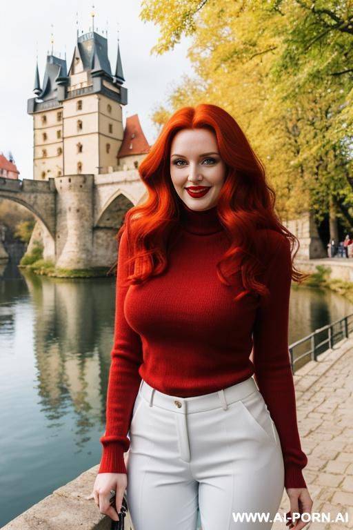 beautiful woman, british, redhead, long hair, red lips, sapphire blue pullover with long sleeves, white jodhpurs pants, sunshine, standing on a pathway in a czech city, castle and river in background - #main