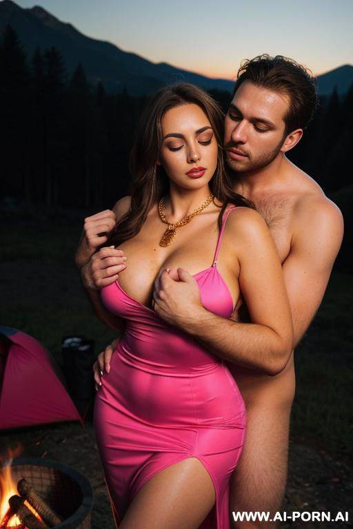 another man uncomfortably hugging. campfire. tight hot pink dress. hairy pussy. large teardrop saggy breasts. make up. getting into sleeping bag. another man giving an uncomfortable hug - #main