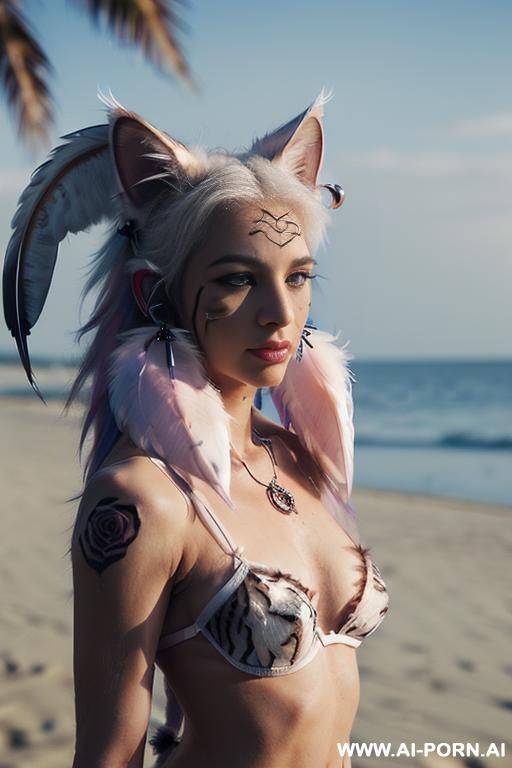 face, ((sexy)), beautiful, ((body fur)), ((face tiger painting)), ((bikini as seashell)), ((tattoo roses)), ((eyes shw)), ((angel wings)), ((rainbow hair)), ((one rose in hair) ((long bu hair)), - #main