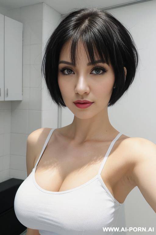 big nose, ukrainian, white skin, seductively looking straight into camera, huge oval perfect round tits, pixie short hair, white tank top, black jeans - #main