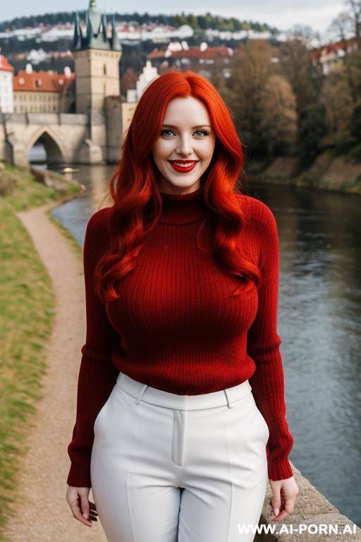 beautiful woman, british, redhead, long hair, red lips, sapphire blue pullover with long sleeves, white jodhpurs pants, sunshine, standing on a pathway in a czech city, castle and river in background - #main