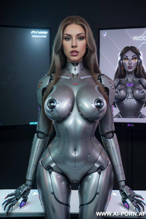 sexbot, front view, full body view, standing upright, hands on spaceship control desk, looking at viewer, beautiful seductive human face with tanned silicone skin, long straight blonde hair, big - #main