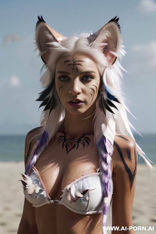 face, ((sexy)), beautiful, ((gothic)), ((face tiger painting)), ((bikini as seashell)), ((tattoo roses)), ((eyes shw)), ((angel wings)), ((rainbow hair)), ((one rose in hair) ((long bu hair)), ((wind)), - #main