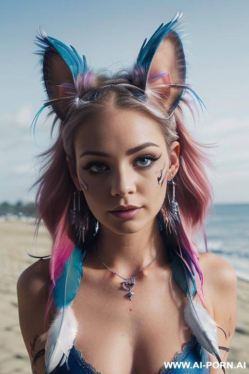 face, ((sexy)), beautiful, ((percing nose)), ((face painting)), ((bikini as seashell)), ((tattoo roses)), ((eyes shw)), ((angel wings)), ((rainbow hair)), ((one rose in hair) ((long bu hair)), ((wind)), - #main