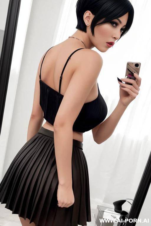 mirror shot, black eye makeup, side view, pleated skirt, short hair - #main